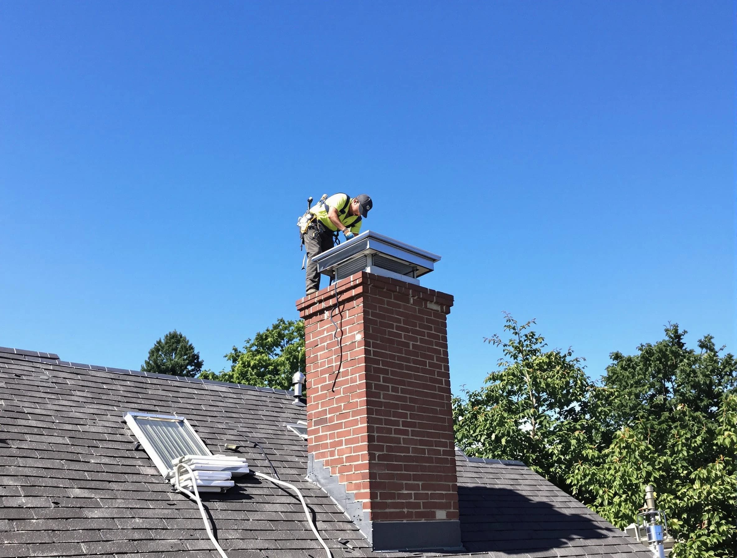 Framingham Chimney Sweep technician measuring a chimney cap in Framingham, MA